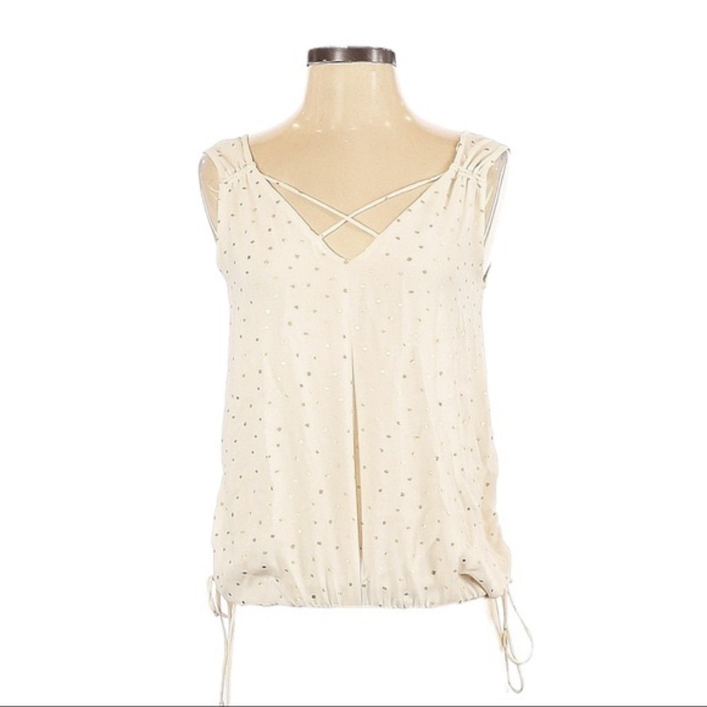 🌺 Zara Lurex Gold Polka Dot Ivory V-Neck Sleeveless Ruched Blouse Size XS